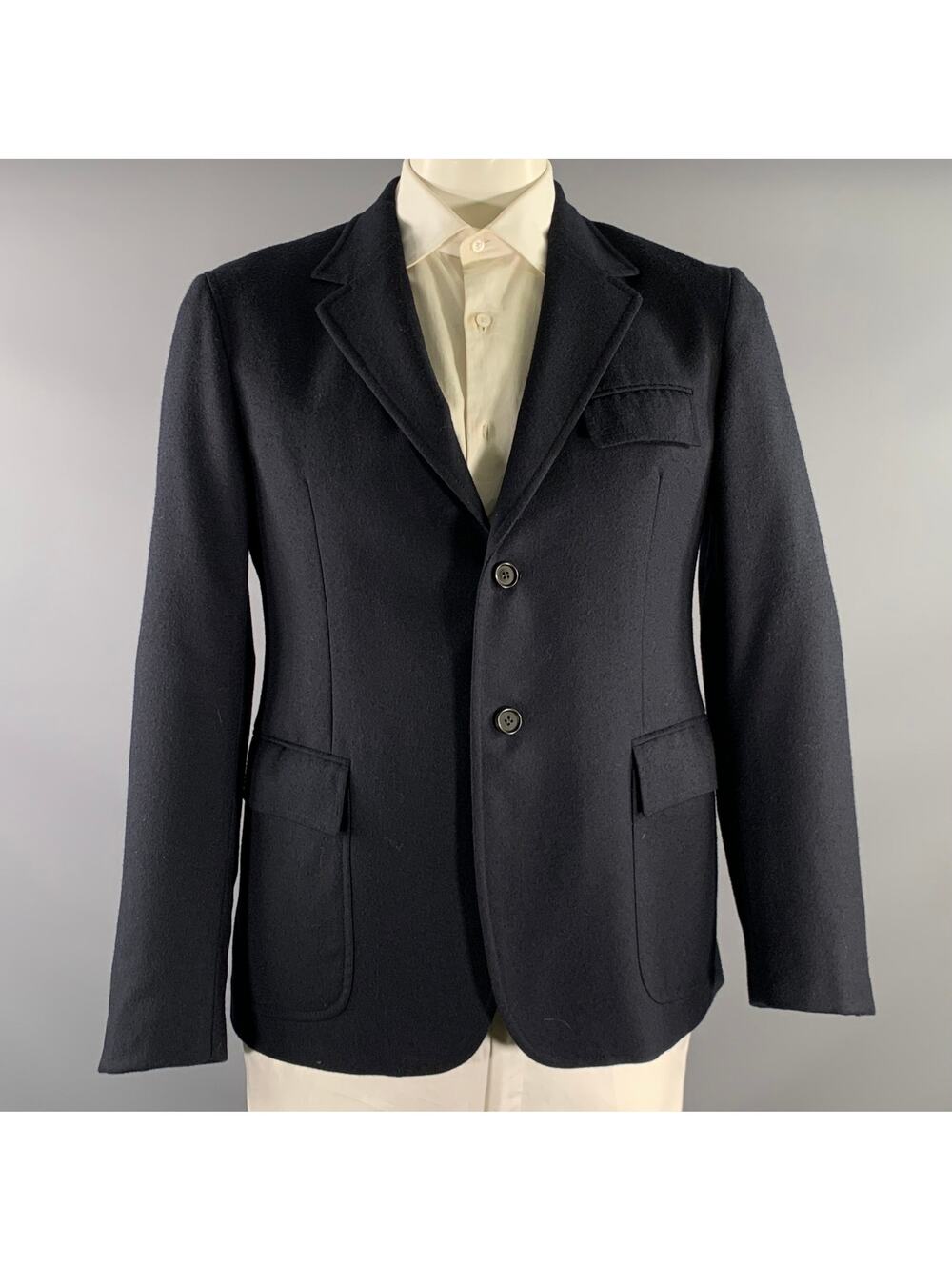 PRADA Chest Size 42 Navy Solid Wool Notch Lapel Sport Coat